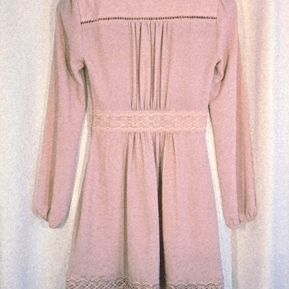 WAYF‎ Womens Blush Pink Lace Trim V-Neck Long Sleeve Mini Dress XS